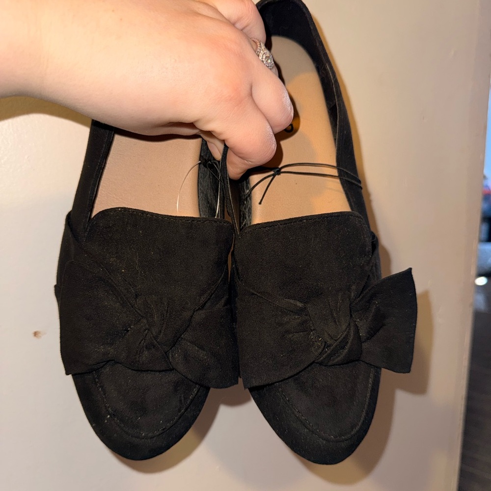 Women's Black Bow Suede Loafers Slip-On Flats